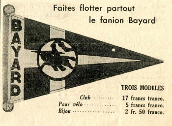 Réclame pour les 3 modèles existants en 1940<br />Le chevalier noir est présent sur l'endroit et l'envers du second fanion