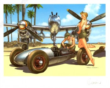romain-hugault-pin-up-avion-p38-et-voiture.jpg